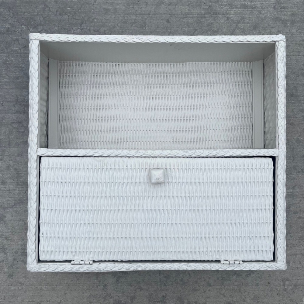 Vintage White Wicker Wall Shelf Two Tier Cabinet Hanging Storage Shabby Chic